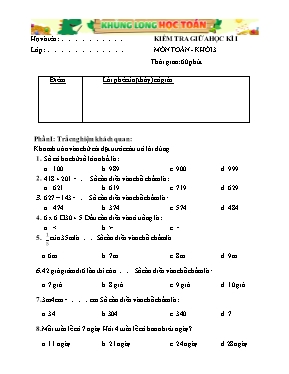 Kiểm tra giữa học kì I môn Toán - Khối 3